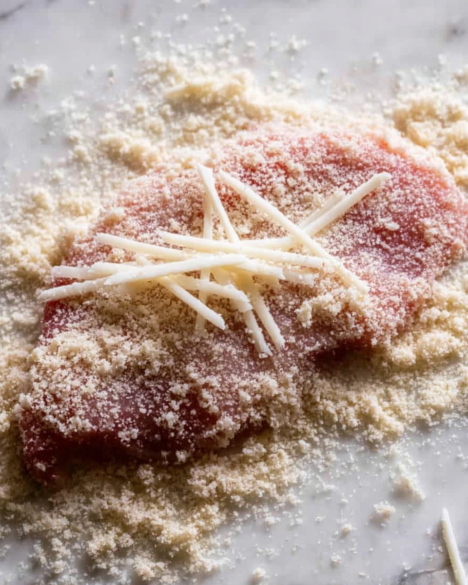 The image shows a close-up of a raw meat piece covered lightly with white breadcrumbs and small strips of white cheese on top. The thin meat lay flat on a white marbled surface sprinkled with more breadcrumbs around it. The texture of the meat is smooth but dusted with the gritty texture of the breadcrumbs and the fine shreds of cheese. Photo taken with an iphone --ar 4:5 --v 7