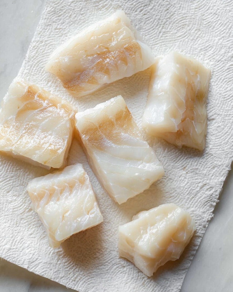 Several pieces of raw white fish with pale cream flesh and shiny, slightly translucent skin parts are laid out on a white textured paper towel, which sits on a white marbled surface. Each fish piece is cut into small rectangular and square shapes with a smooth, moist appearance. The fish is arranged loosely with some pieces close together and others spaced apart, showing flaky texture on the edges. The overall look is clean, fresh, and ready for cooking photo taken with an iphone --ar 4:5 --v 7