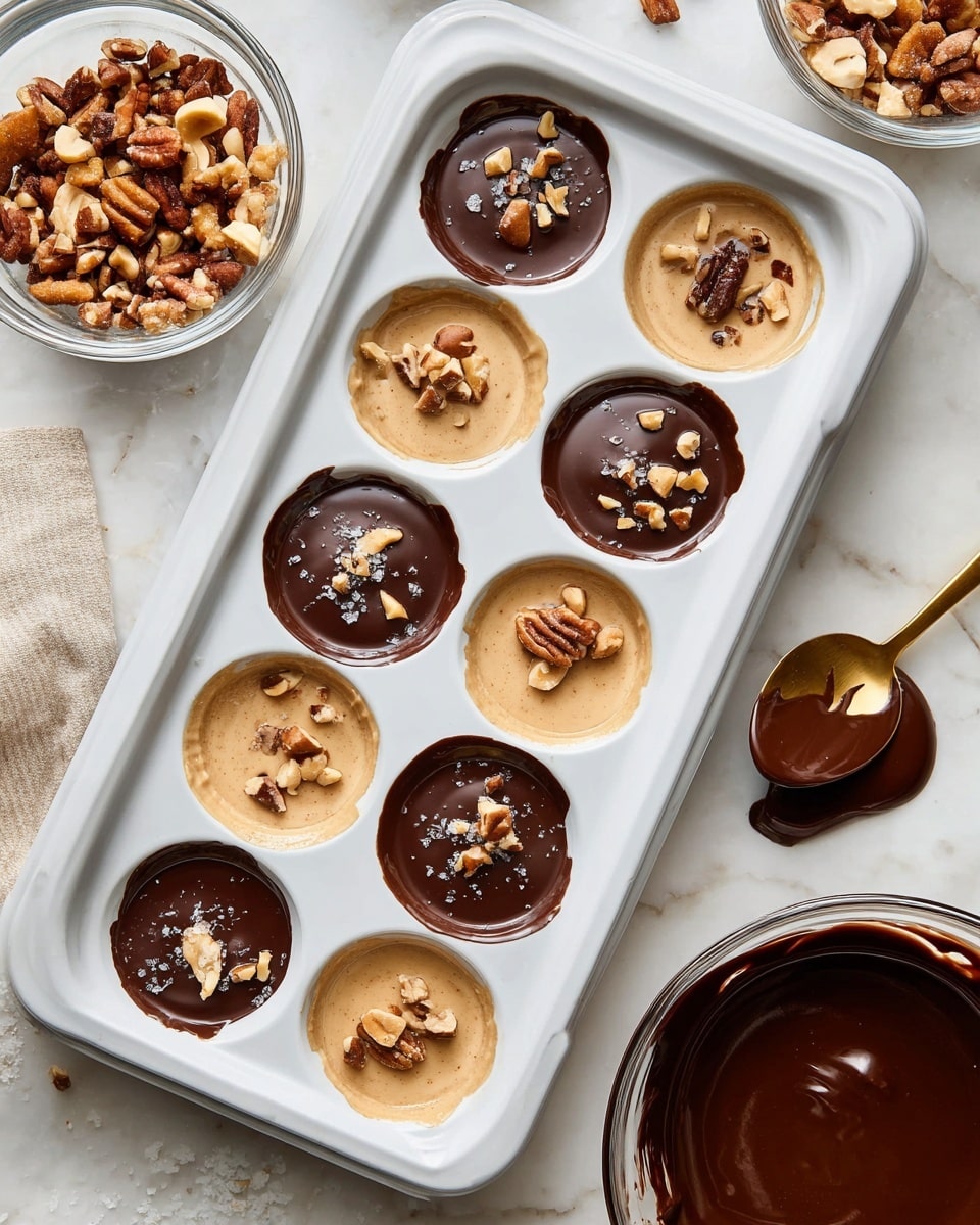 A white tray with twelve round sections is shown, each filled with a light tan creamy mixture. In the left column, a dark shiny chocolate layer covers the tan base, topped with chopped nuts and a sprinkle of coarse salt. The middle column has a drizzle of dark chocolate over the tan filling, while the right column remains plain. Above the tray, a woman's hand holds a golden spoon, drizzling smooth dark chocolate onto the tan mixture in the bottom right section. Surrounding the tray are clear glass bowls with more mixed nuts and melted dark chocolate, all set on a white marbled surface. photo taken with an iphone --ar 4:5 --v 7