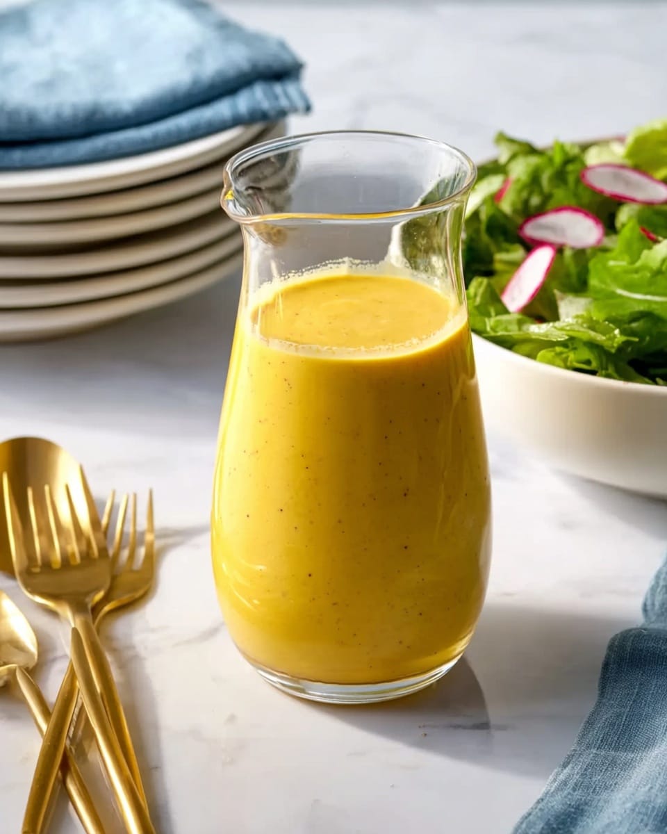 A clear glass pitcher filled with smooth, thick yellow dressing with small black specks, positioned upright on a white marbled surface. To the left, a pair of golden salad utensils lay flat, shining softly in the light. In the background, a stack of white plates with a blue cloth on top sits slightly blurred to the left, while to the right, a portion of a white bowl is filled with green leafy salad and slices of pink radish, creating a fresh and colorful contrast. The overall look is bright and clean, with soft natural lighting. photo taken with an iphone --ar 4:5 --v 7