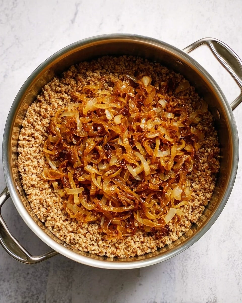 A round metal pot filled with two main layers of food. The bottom layer is made up of small, brown cooked grains with a slightly rough texture evenly spread across the pot. On top, there is a middle layer of thinly sliced caramelized onions in warm golden-brown and amber hues, clustered mostly in the center but slightly spreading out. The pot has two metal handles, one on each side, and it rests on a white marbled surface. Photo taken with an iphone --ar 4:5 --v 7