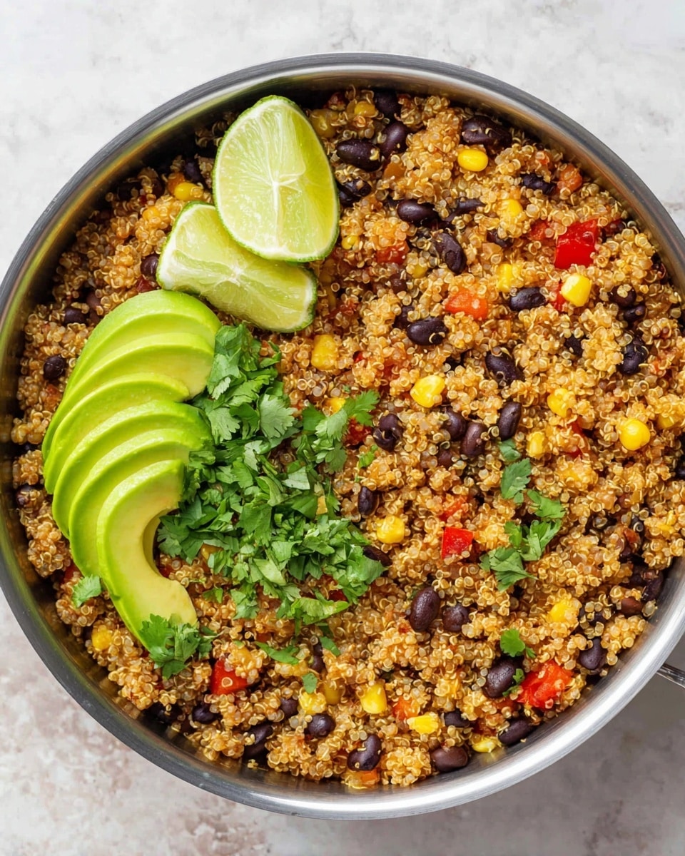 A metal pan is filled with a colorful mix of light brown quinoa, black beans, bright yellow corn, and small pieces of red bell pepper, all mixed evenly. The quinoa grains are fluffy and small, creating a soft texture that covers the pan. On one side, there are three slices of fresh avocado arranged in a neat fan shape, with a smooth, light green color. Near the center, there are three stacked lime wedges with a light green skin and pale green inside. Fresh green cilantro leaves are scattered on top, adding small spots of vivid green across the dish. The pan sits on a white marbled surface. photo taken with an iphone --ar 4:5 --v 7