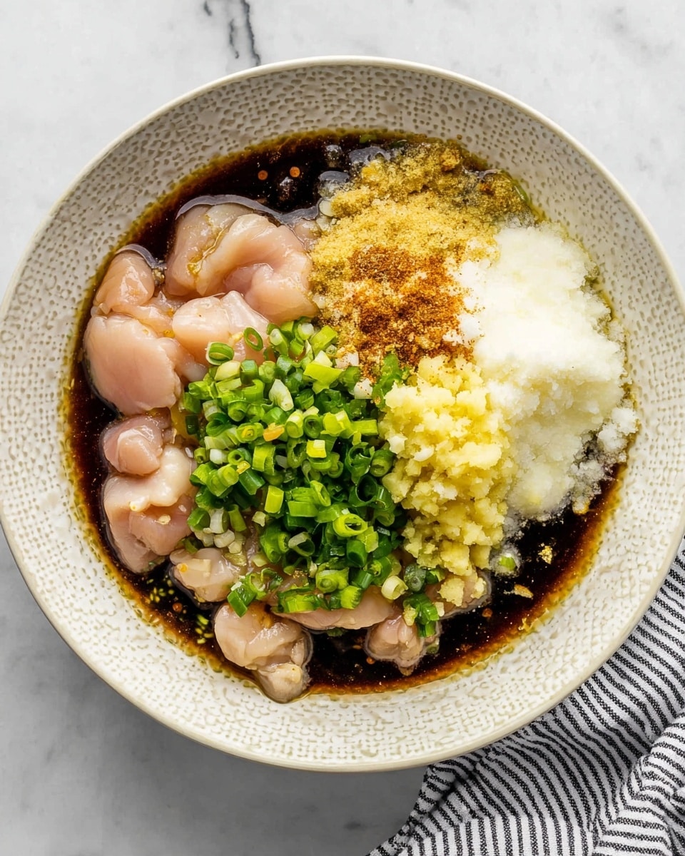 A white bowl with a dotted pattern holds raw light pink chicken pieces sitting in a dark soy sauce base that edges the bowl. On top of the chicken, there are five main piles: a large white grated texture on the right side; bright green chopped scallions in the center; a small heap of golden brown sugar granules above the scallions; finely chopped pale yellow garlic to the left; and bright yellow minced ginger below the garlic. The background is a white marbled surface with a striped cloth partially visible at the bottom right corner. Photo taken with an iphone --ar 4:5 --v 7
