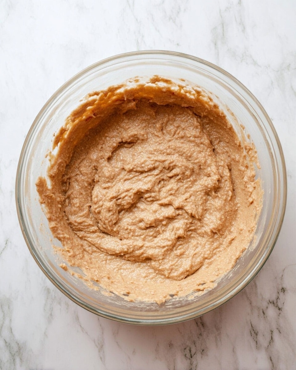 A clear glass bowl filled with a single layer of thick, light brown batter that has a slightly rough texture and a few small lumps, spread evenly inside the bowl. The bowl is placed on a white marbled surface, and some of the batter is stuck along the sides of the bowl. photo taken with an iphone --ar 4:5 --v 7