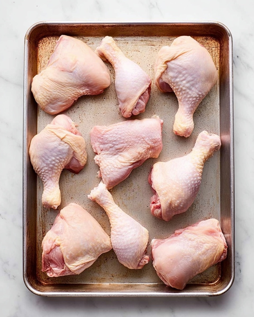A metal baking tray holds eight raw chicken pieces arranged with some space between them. The pieces vary in size and shape, showing different parts like thighs and drumsticks, all pale pink with visible skin texture and slight redness near joints. The tray has light browning marks on the edges and a slightly worn look. It sits on a white marbled surface with subtle gray veins. photo taken with an iphone --ar 4:5 --v 7