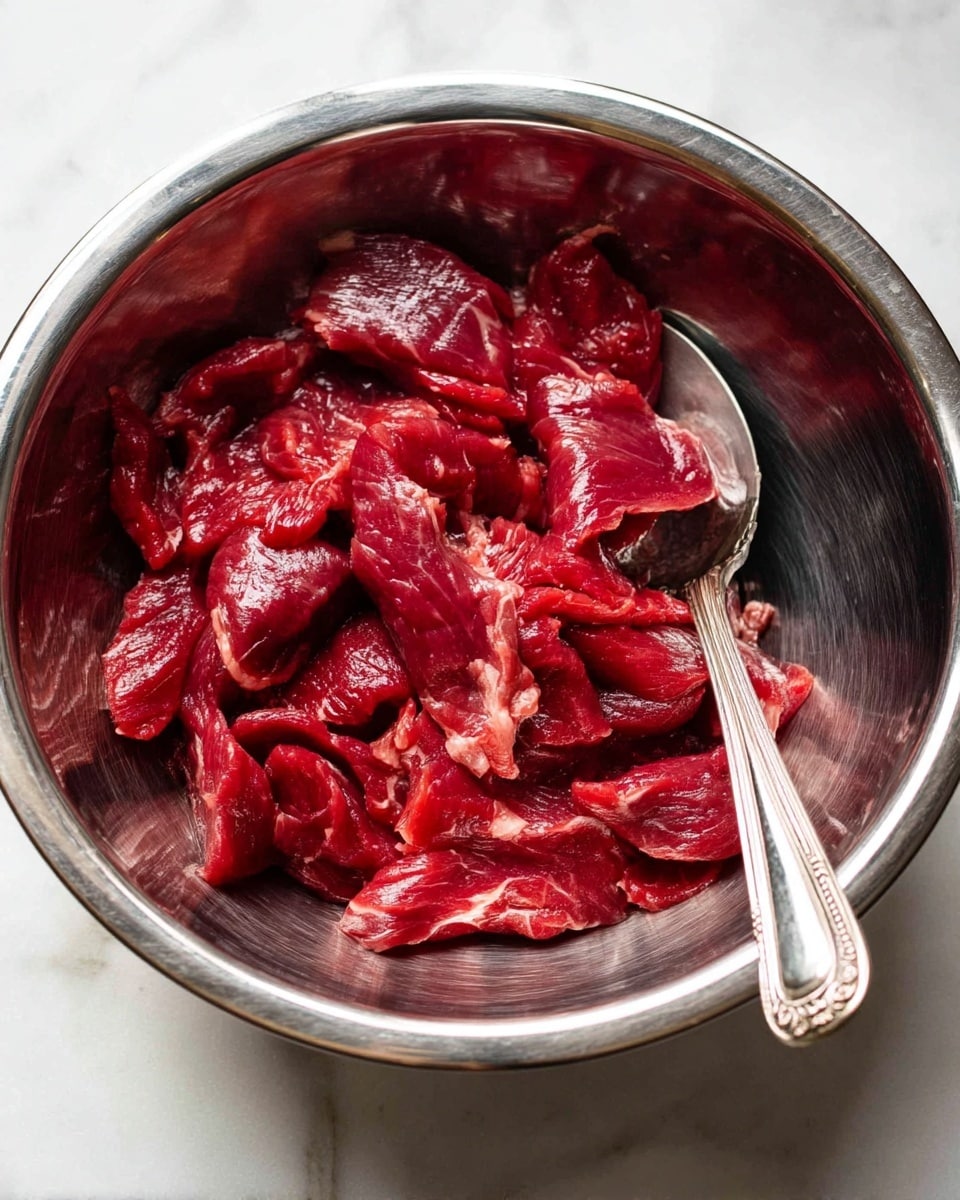 A shiny silver metal bowl filled with many thin strips of raw red meat that look wet and glossy, with visible texture and slight marbling. Inside the bowl, a silver spoon with a detailed handle rests on the right side, partially under the meat. The bowl sits on a white marbled surface, giving a clean and bright look. The photo taken with an iphone --ar 4:5 --v 7