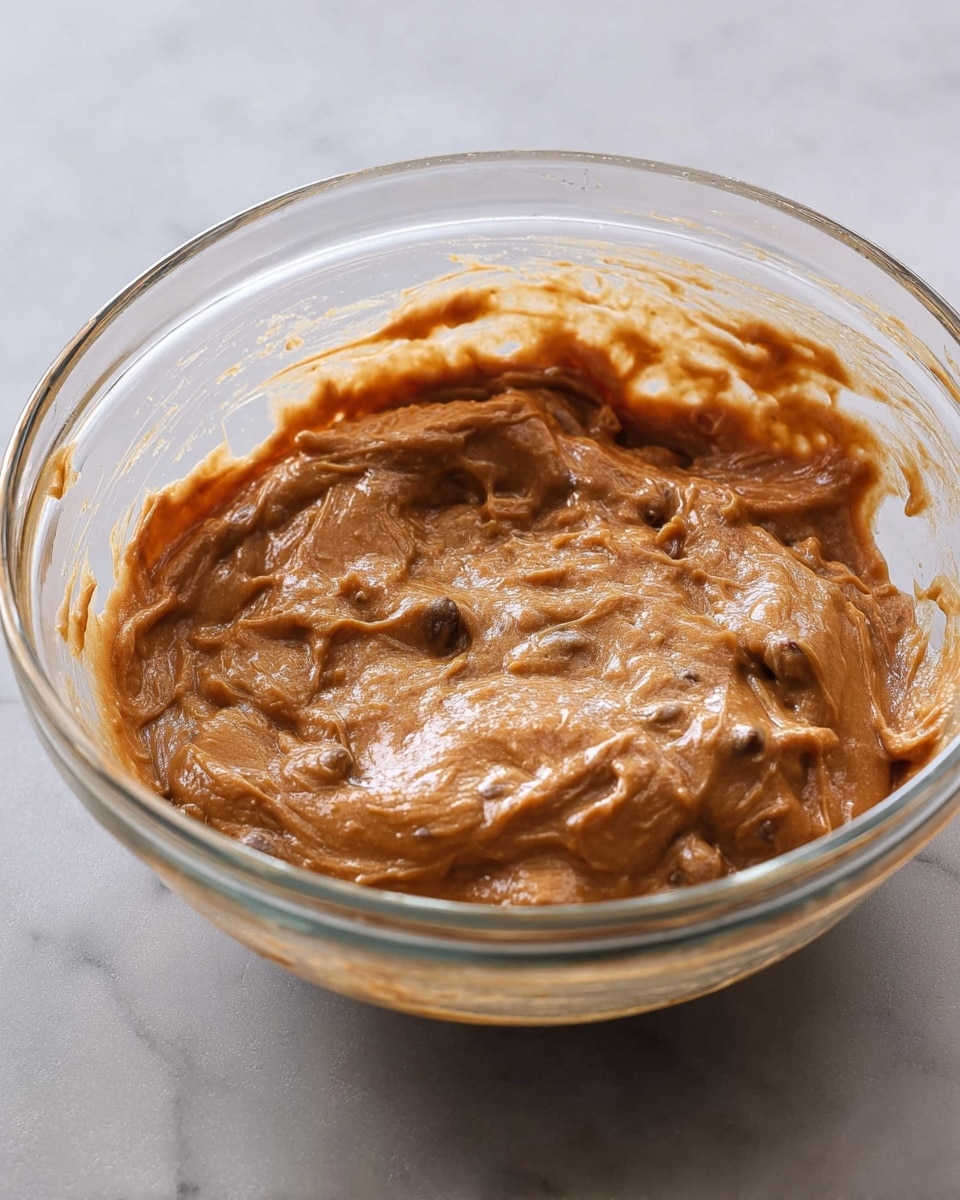 A clear glass bowl filled with thick, light brown batter that has visible chunks mixed in, creating a textured surface with some smooth and some rough patches. The batter is spread evenly inside the bowl, showing a shiny and moist look. The bowl rests on a white marbled surface. photo taken with an iphone --ar 4:5 --v 7