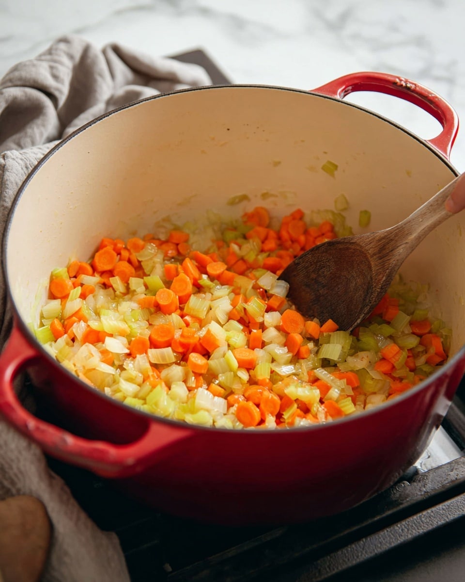 Inside a large red pot with a white inside, there are three layers of cooked vegetables visible: orange carrot pieces, light green celery pieces, and small translucent yellow onion pieces, all mixed together and being stirred with a brown wooden spoon held by a woman's hand. The pot sits on a black stove surface with a soft gray cloth in the back, while the background shows a white marbled texture. photo taken with an iphone --ar 4:5 --v 7