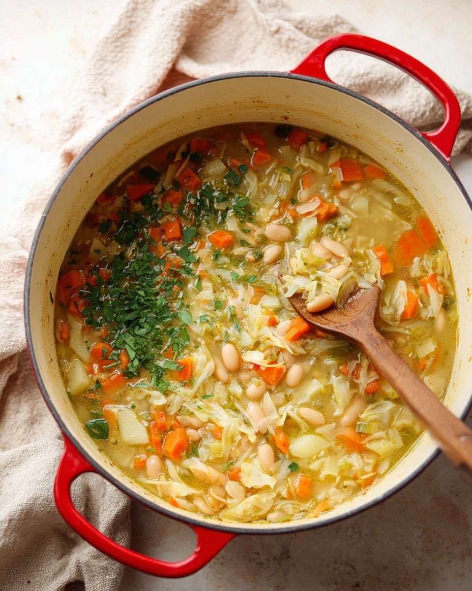 A large white pot with a red handle is filled with a chunky vegetable soup that has a light yellow broth. The soup contains layers of small diced carrots, white beans, shredded cabbage, and small pieces of potato, all mixed together. On top, fresh green herbs are sprinkled, giving a fresh and colorful touch. A wooden spoon stirs the soup from the right side, lifting some of the mix. The pot is set on a white marbled textured surface with a soft, beige cloth in the background. photo taken with an iphone --ar 4:5 --v 7
