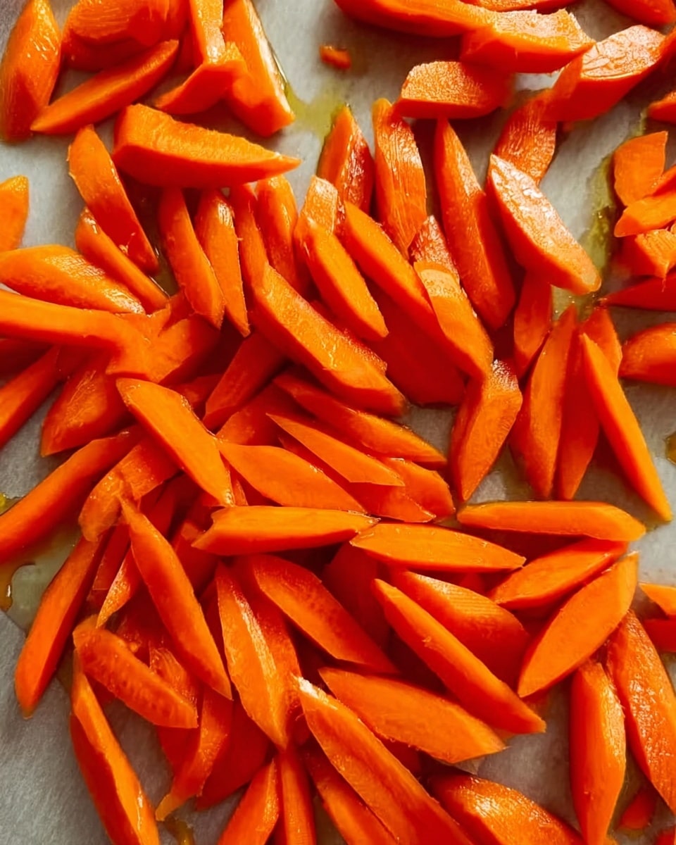 The image shows a close-up of many carrot sticks spread out on white marbled surface. The carrot sticks are cut in different shapes and sizes, mostly long and thin with some pieces having slant cuts, displaying a bright orange color with smooth, fresh texture. A woman's hand is holding a small bunch of carrot sticks dipped in shiny oil, giving a light glossy shine on the surface of the carrots. The overall look is fresh and natural with an emphasis on the vivid orange color. Photo taken with an iphone --ar 4:5 --v 7