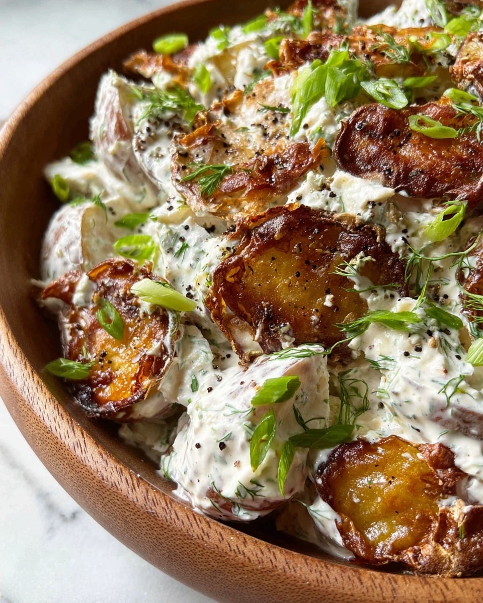 A close-up view of a creamy potato salad served in a round wooden bowl placed on a white marbled surface. The salad has multiple layers, beginning with crispy brown potato skins on top, some slightly charred for texture. Beneath the skins are potato slices coated in a thick white dressing mixed with visible herbs and black pepper flakes, adding specks of green and black throughout. Scattered on the salad are fresh, bright green sliced scallions and small pieces of fresh herbs for a fresh pop of color. The overall texture is rich and creamy with crunchy and soft elements visible in each bite. photo taken with an iphone --ar 4:5 --v 7