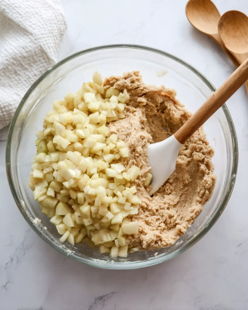 A clear glass mixing bowl sits on a white marbled surface, filled with two different mixtures side by side. On the left, there is a layer of small, pale yellow apple pieces, chopped finely and stacked neatly. On the right, a thicker, light brown batter with a slightly rough texture fills the remaining space. A wooden spatula with a white silicone tip rests inside the bowl, its handle leaning gently outwards. A white cloth and two wooden spoons lie in the background. Photo taken with an iphone --ar 4:5 --v 7