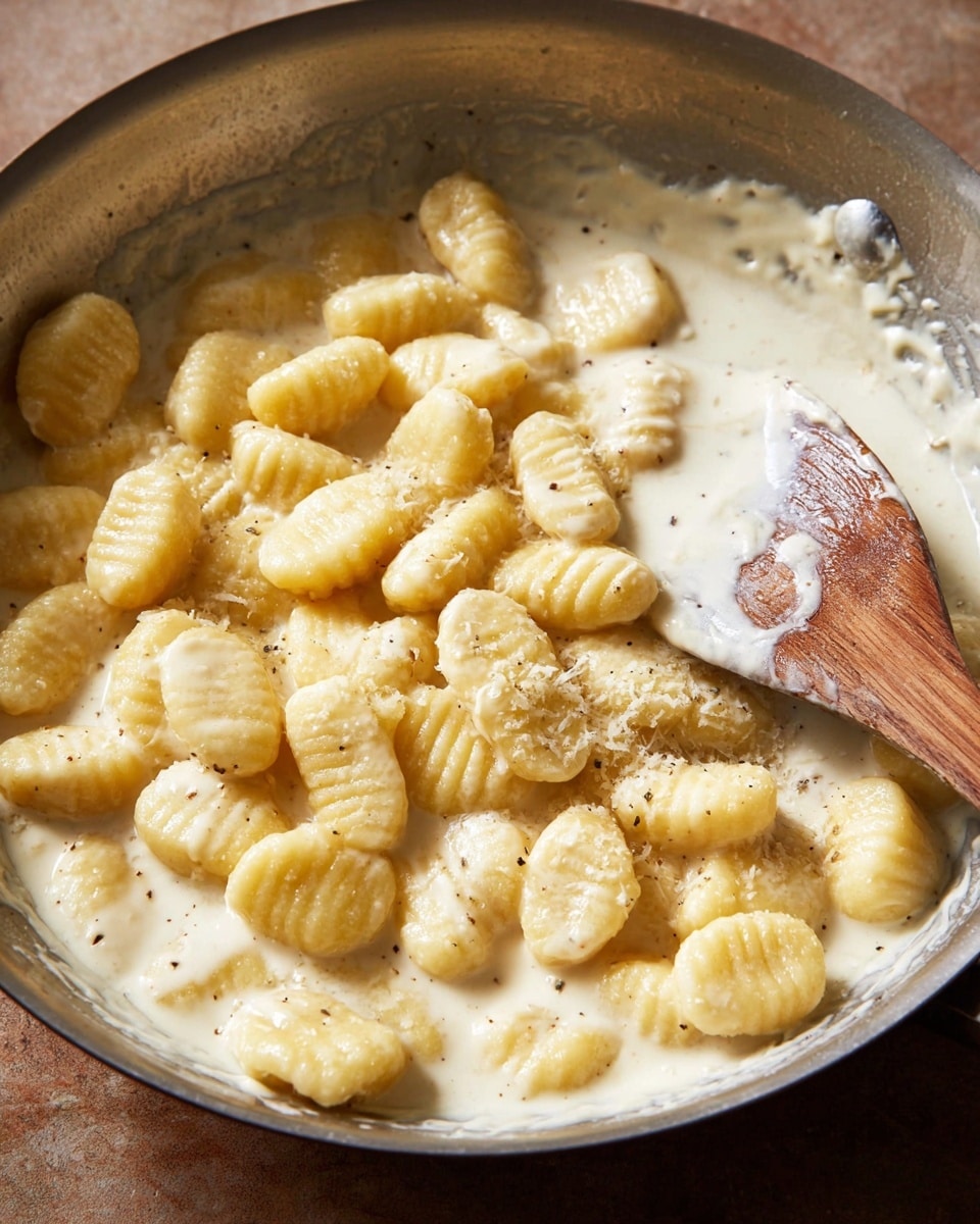 The image shows a close-up of many light yellow gnocchi pieces sitting in a creamy white sauce with small dark specks, inside a silver pan. The creamy sauce is thick and smooth, covering the lower half of the gnocchi while the upper halves are dry and textured with ridges. A wooden spatula is partly visible on the right side, stirring or lifting some sauce, with some sauce sticking to its surface. The pan sits on a surface that looks brown but should be imagined as a white marbled texture. photo taken with an iphone --ar 4:5 --v 7