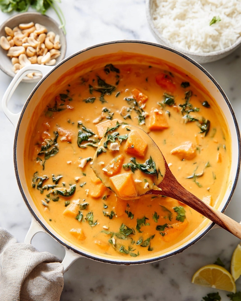 A white pot filled with creamy orange soup shows thick chunks of orange vegetables and pieces of green leafy herbs mixed throughout. A wooden spoon lifts some soup, displaying the smooth texture with visible bits of vegetables and herbs. The pot sits on a white marbled surface with a bowl of white rice, small white bowl with beige nuts, lemon wedges, and green herbs scattered around in soft natural light. photo taken with an iphone --ar 4:5 --v 7