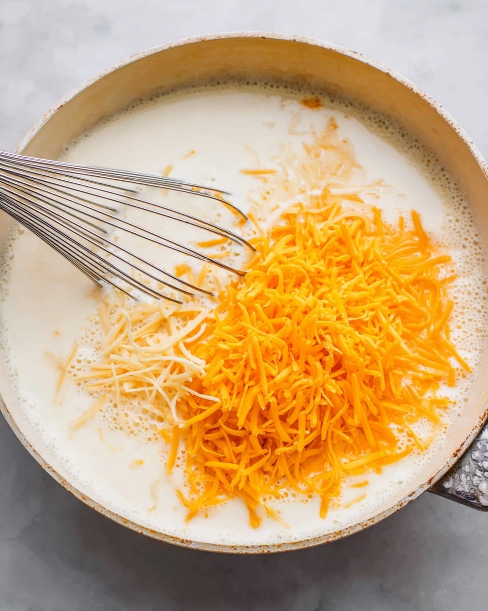 In a white pan on a white marbled surface, there is a creamy white liquid base covering the bottom. On top of this base, there are two different types of shredded cheese: a lighter, pale yellow cheese on the left side and a richer, orange-yellow shredded cheese mostly covering the right side. A metal whisk with thin wires is partially dipped into the mixture, resting more towards the left side among the lighter cheese. The texture of the liquid is smooth and thick, lightly bubbling around the edge of the pan. Photo taken with an iphone --ar 4:5 --v 7