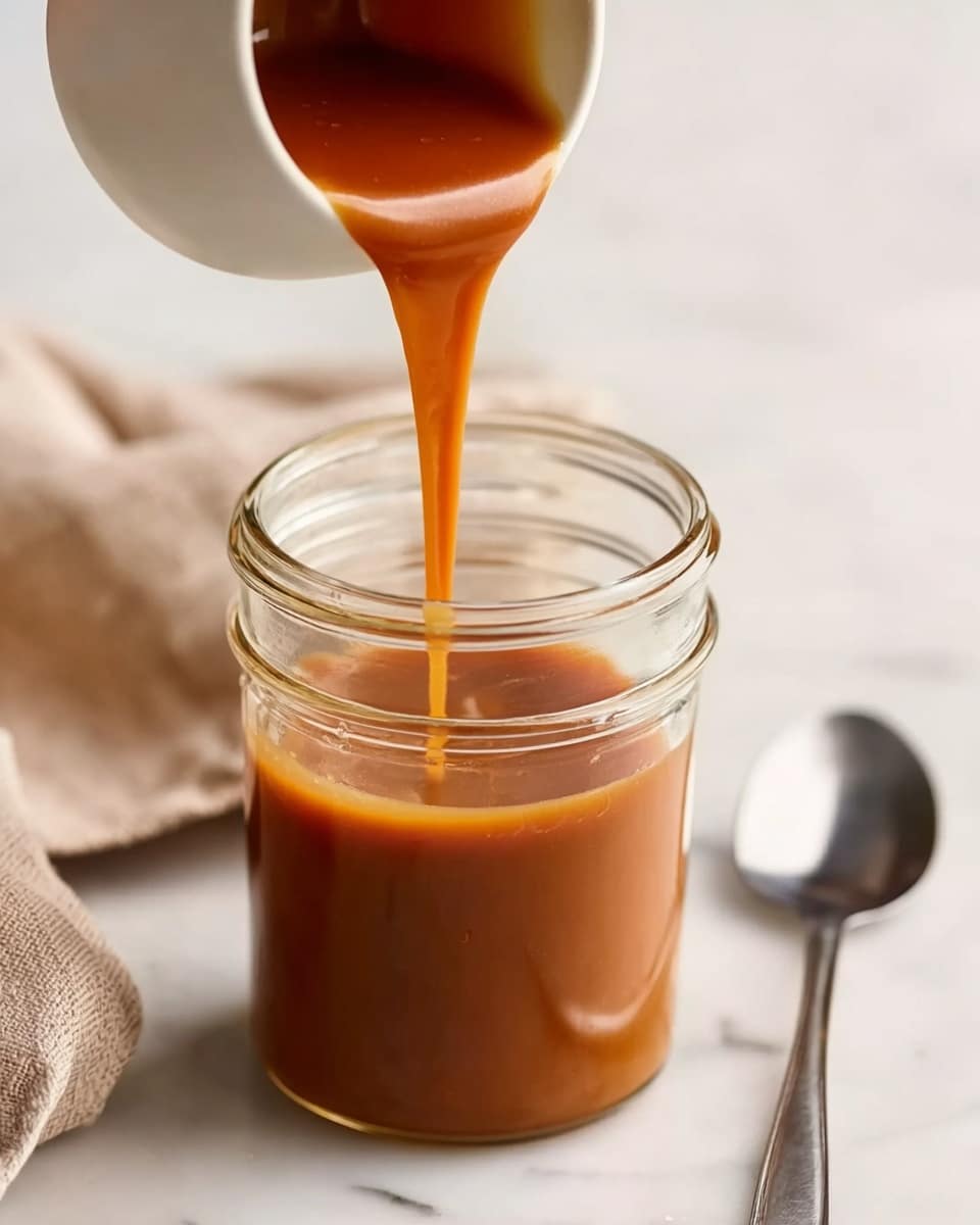 A clear glass jar filled halfway with smooth, light brown caramel sauce is placed on a white marbled surface with a small silver spoon next to it on the right. Thick caramel sauce is being poured from a white cup into the jar, creating a flowing layer of rich, glossy caramel with a slightly shiny texture. The background is softly blurred, featuring a light beige cloth. Photo taken with an iphone --ar 4:5 --v 7