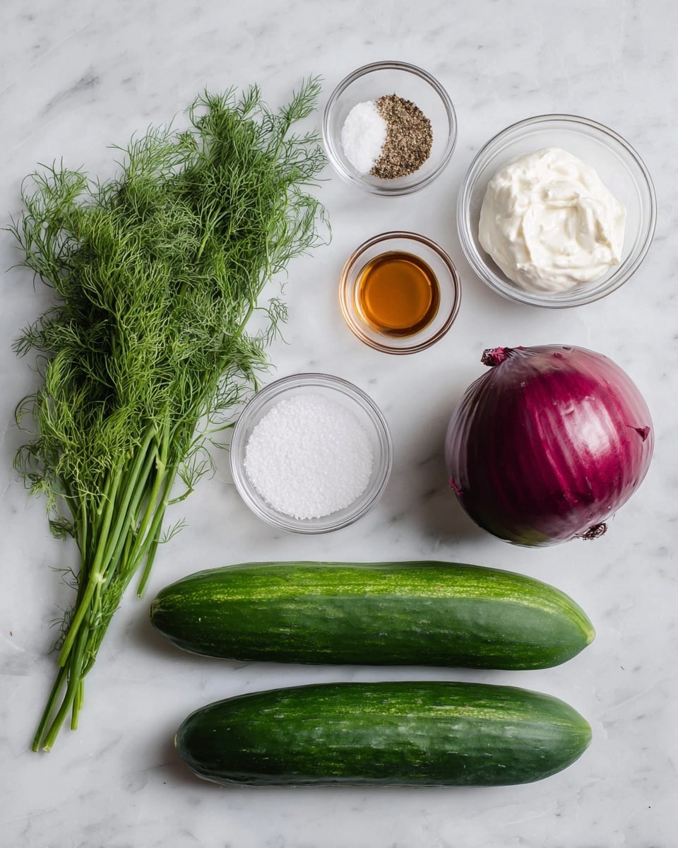 The image shows ingredients laid out on a white marbled surface. There are two long, smooth cucumbers placed horizontally near the bottom. Above them is a bunch of fresh, green dill with feathery leaves. To the right of the dill is a round, shiny deep purple onion. There are three small clear glass bowls: one holds white sour cream with a thick, creamy texture; another contains a golden-brown liquid, likely vinegar; and the third has a neat pile of white granulated salt. To the left of the dill are two more clear glass bowls, one filled with a mix of white salt, cracked black pepper, and light tan powder, and a smaller bowl with fine white salt. photo taken with an iphone --ar 4:5 --v 7