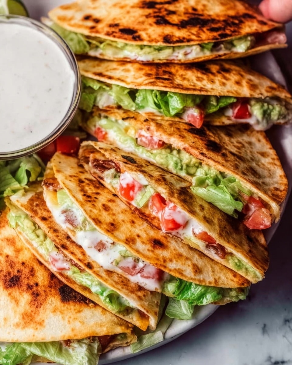 The image shows several folded quesadillas stacked on a white plate, each with a golden-brown toasted surface that has some darker spots from cooking. Inside, there are visible layers of green lettuce, bright green guacamole, red tomato pieces, and creamy white sauce spread unevenly. The quesadillas' edges are slightly crisp, and some fillings peek out in the middle. There is a white bowl with creamy white sauce on the side, placed on a white marbled surface with a woman’s hand reaching in from the right side of the frame. photo taken with an iphone --ar 4:5 --v 7