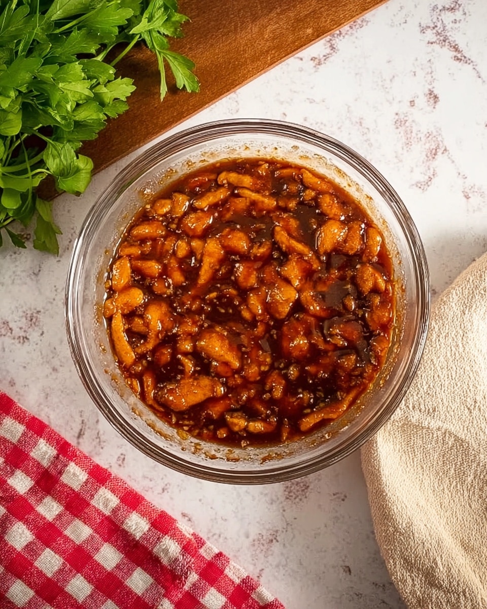 A clear glass bowl filled with small orange pieces of meat soaked in a dark brown sauce, creating one visible layer with a shiny and wet texture. The bowl is placed on a surface with a white marbled texture, surrounded by a bunch of green herbs on the upper left, a folded light cloth on the upper right, and a red and white checkered cloth on the lower left. Photo taken with an iphone --ar 4:5 --v 7
