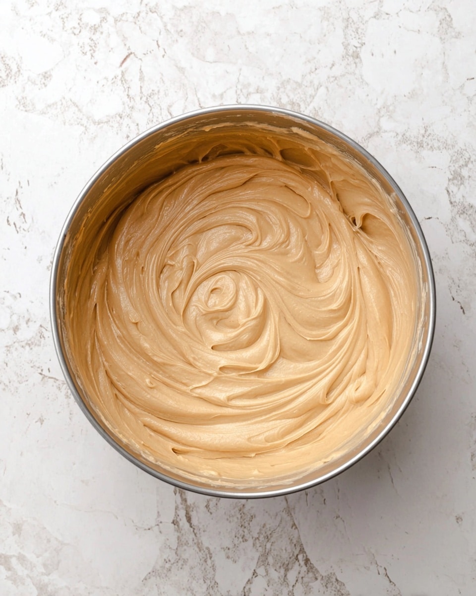 A shiny metal bowl filled with smooth, light brown creamy batter that has swirls and soft peaks all around the inside edge. The bowl sits on a white marbled textured surface, and the batter texture looks thick and velvety with visible gentle swirling patterns in the center. photo taken with an iphone --ar 4:5 --v 7