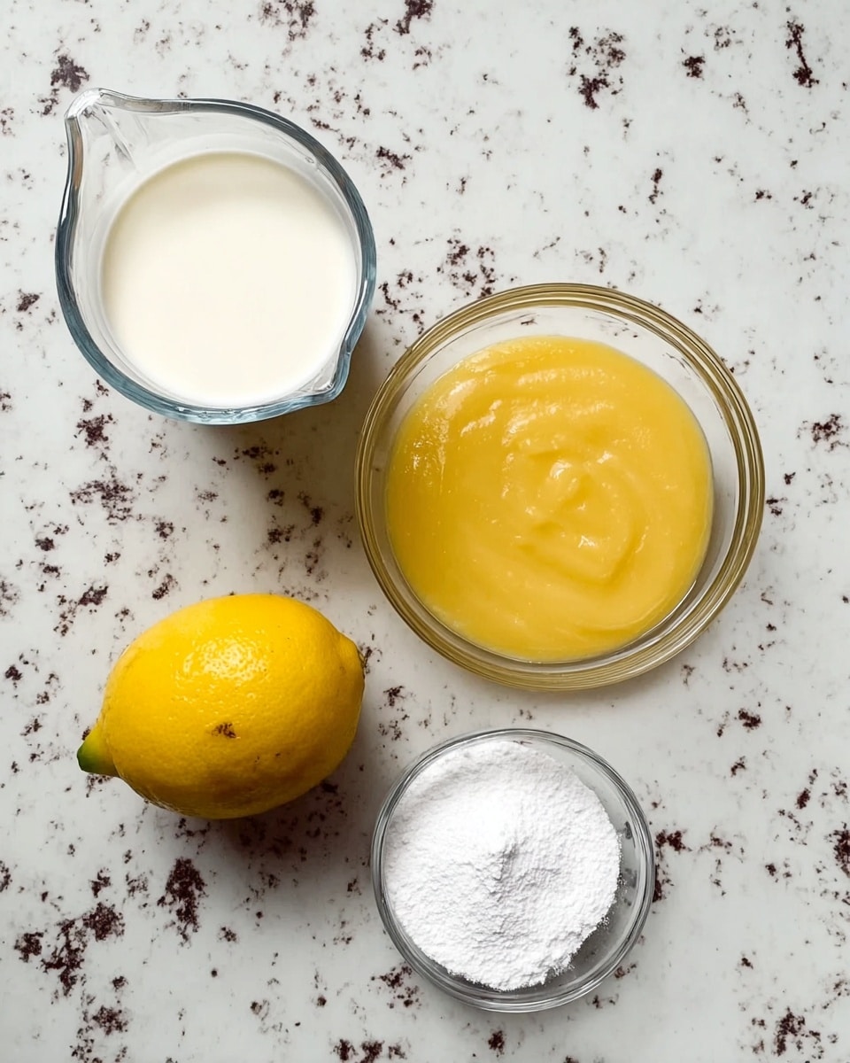 A clear glass measuring cup filled with smooth white cream sits at the top left on a white marbled surface; below it to the left is a clear glass bowl filled with a thick, smooth, light yellow lemon curd. To the right of the lemon curd is a whole bright yellow lemon with small green spots. At the top right, there is a smaller clear glass bowl filled with fine white powdered sugar. The background is a white marbled countertop with dark speckles, creating a clean and fresh setting. photo taken with an iphone --ar 4:5 --v 7