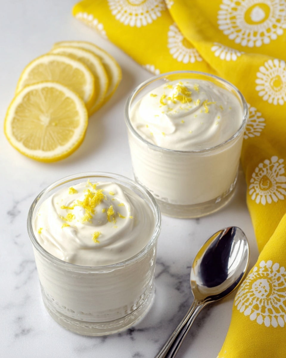 Two clear glass cups filled with a smooth, creamy white dessert topped with small yellow lemon zest pieces, each cup showing the thick creamy texture with slight swirls on top, placed on a white marbled surface. Near the cups, there are three thin slices of fresh yellow lemon stacked on the left side and a silver metal spoon to the right. In the background, a folded bright yellow cloth with a white circular floral pattern adds a splash of color. The scene is clean and bright, focusing on the fresh and light look of the dessert photo taken with an iphone --ar 4:5 --v 7