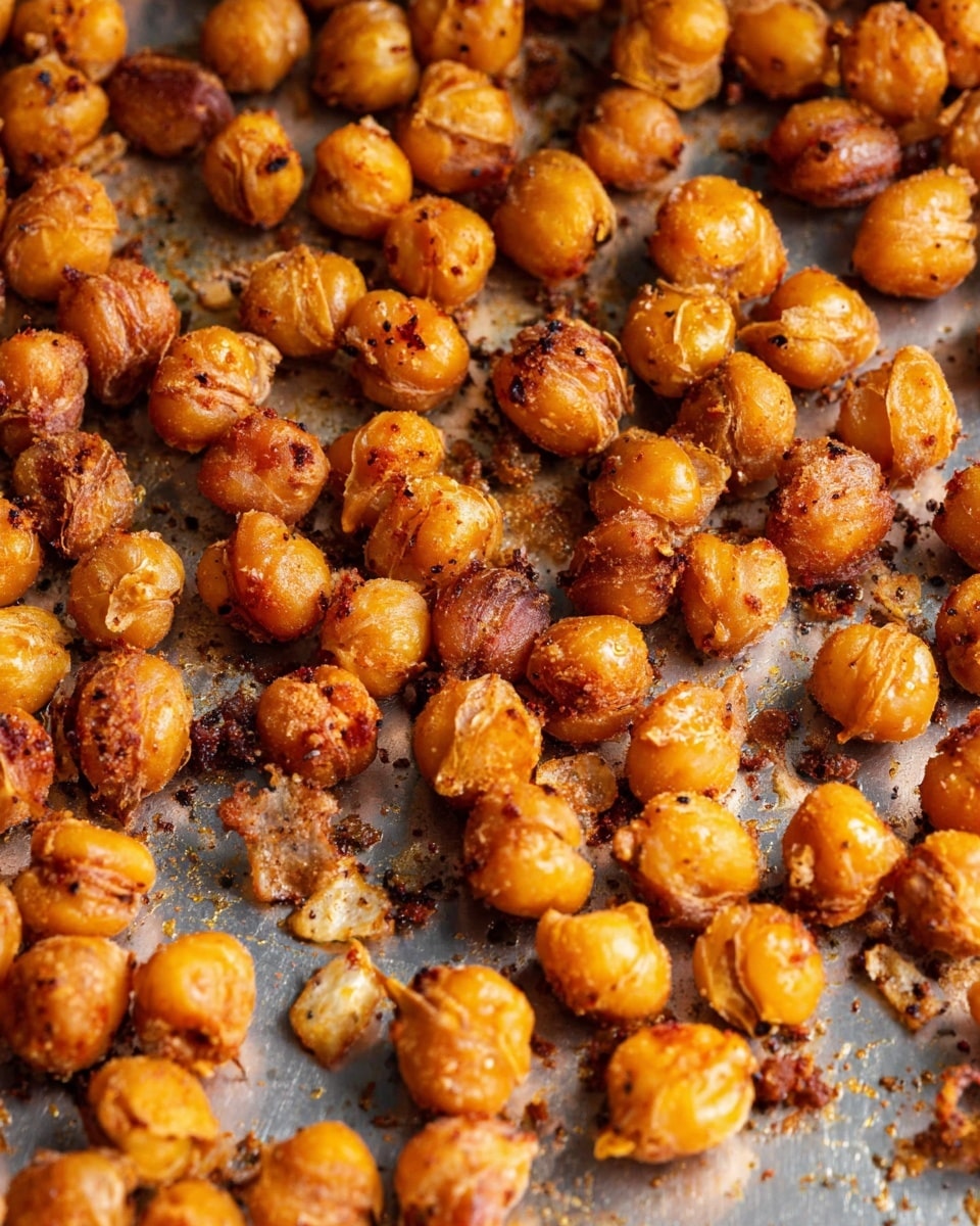 A close-up view of crispy roasted chickpeas spread out in one even layer on a baking tray, showing a golden-brown color with darker toasted spots and a rough crispy texture on each chickpea, some featuring slightly split skins and seasoning bits sticking to the surface, all arranged irregularly over a silver baking tray that has small scattered bits of seasoning and char. photo taken with an iphone --ar 4:5 --v 7