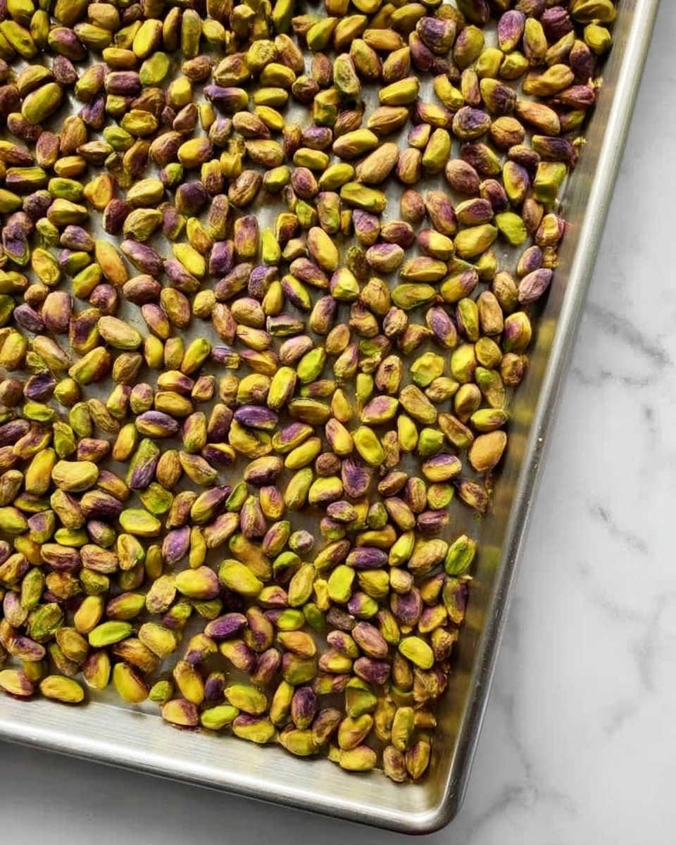 A metal baking tray filled with one even layer of shelled pistachio nuts scattered closely together, showing a mix of yellowish-green, light brown, and purple-brown colors. The tray is placed on a white marbled surface, and the pistachios have a slightly rough texture with some natural shine. Photo taken with an iphone --ar 4:5 --v 7