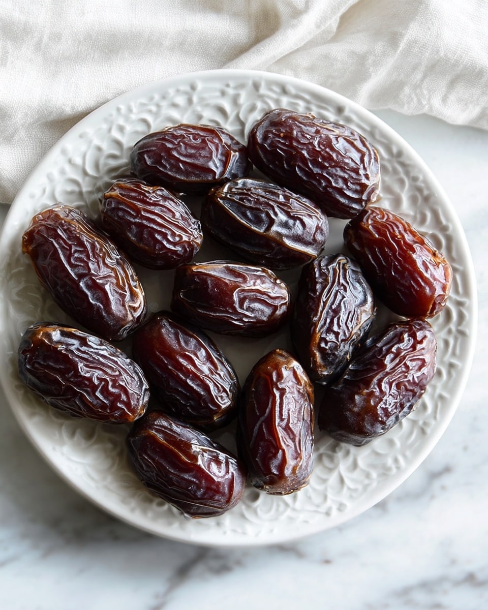 A white plate with a delicate pattern holds a single layer of shiny, dark brown dates arranged closely together. The dates have a wrinkled texture and glossy surface that catches the light, showing their natural rich color. The plate is on a white marbled surface with a soft white cloth nearby. Photo taken with an iphone --ar 4:5 --v 7