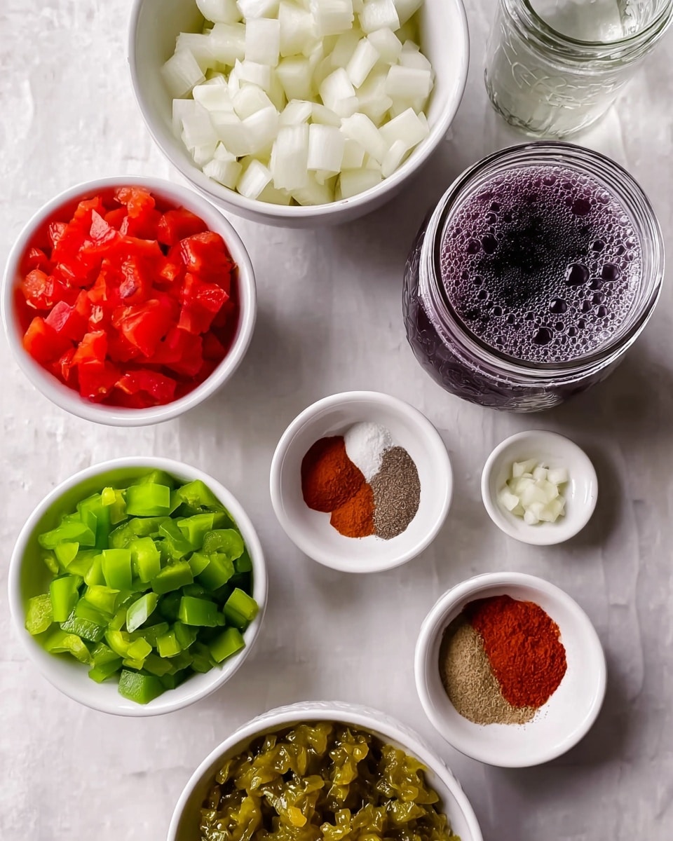 The image shows a top view of seven small white bowls and a glass jar arranged on a white marbled surface. The largest bowl at the top left is filled with large white onion pieces. Next to it, on the right, is a tall glass jar filled with a dark purple liquid with bubbles on top. Below the jar, there is a small white bowl with bright red chopped tomatoes. To the left, a bowl holds diced green bell peppers, and next to it on the right are three types of powdered spices in one bowl, showing shades of brown, red, and reddish-orange. Near the center is a tiny white dish with small pieces of chopped garlic. To the left of it, a bowl contains green chopped pickles or relish that look moist and chunky. A small glass of clear liquid is placed near the top center. The scene is well lit with soft natural light, and the bowls are placed casually but neatly. Photo taken with an iphone --ar 4:5 --v 7