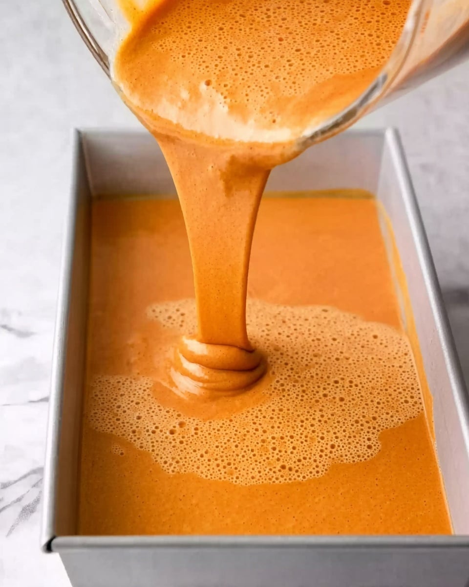 A close-up view of thick, orange batter with small air bubbles being poured from a clear measuring cup into a white metal loaf pan. The batter is smooth with tiny bubbles on the surface, forming an even layer as it fills the pan. The background has a white marbled texture. Photo taken with an iphone --ar 4:5 --v 7
