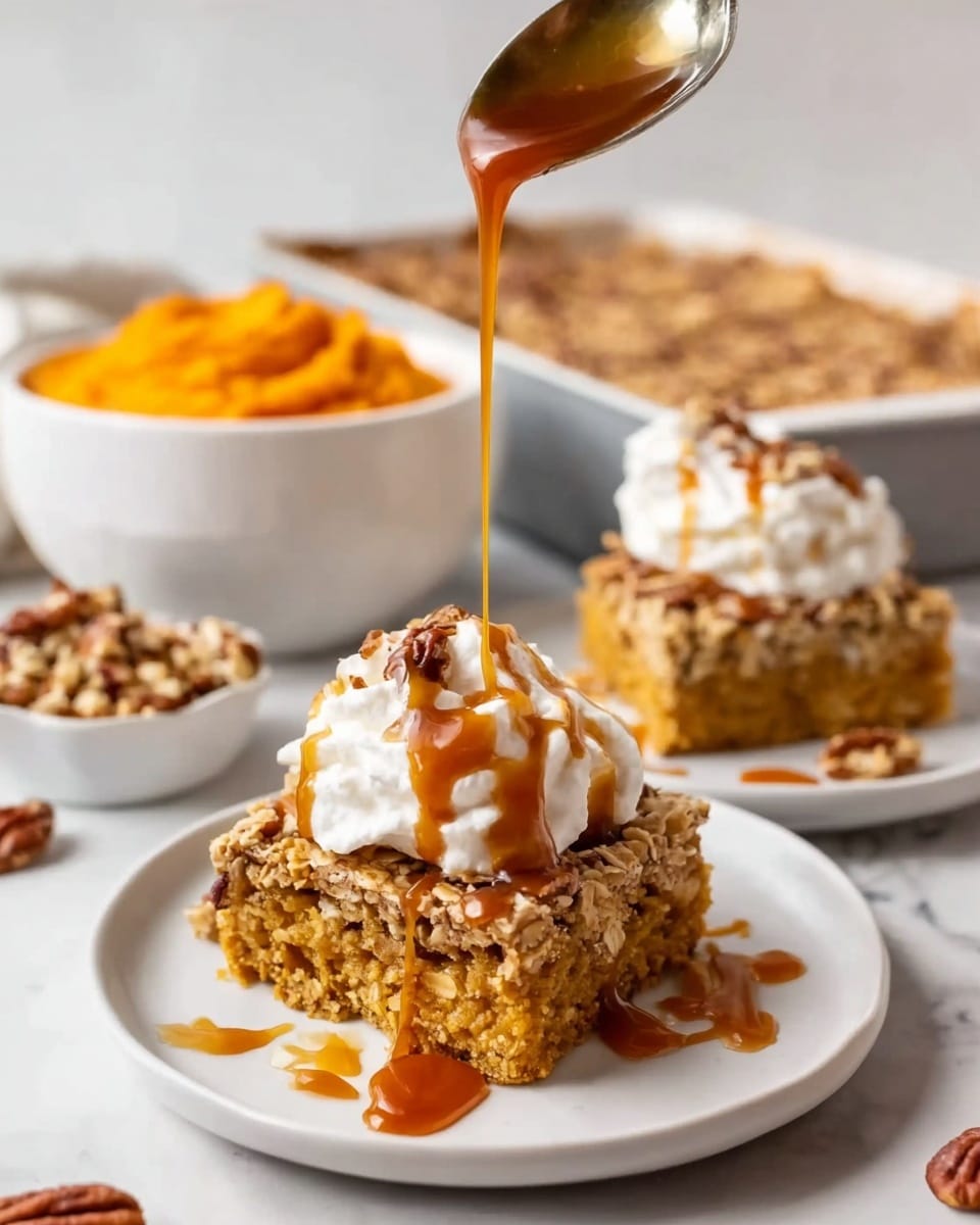 The image shows two square oat bars on white plates placed on a white marbled surface, each with a crumbly oat base mixed with chopped nuts visible in the texture. On top of each bar is a thick swirl of white whipped cream, and a spoon held by a woman's hand is pouring smooth golden caramel sauce over the cream on the front bar, with the caramel dripping down the sides. In the background, there is a baking pan filled with more oat bars and a white bowl filled with smooth orange sweet potato mash. Scattered small pieces of nuts can be seen on the surface around the plates. Photo taken with an iphone --ar 4:5 --v 7