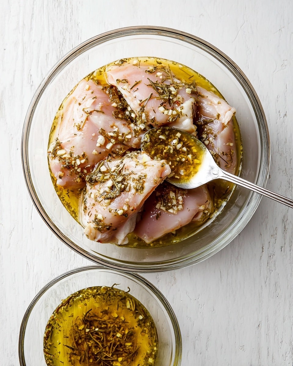 A clear glass bowl holds five pieces of raw chicken thighs layered and covered with a yellowish marinade that has visible chopped garlic and dried herbs scattered on top. A silver spoon is shown drizzling the marinade onto the chicken from above. Below this bowl, a smaller clear glass bowl contains more of the same yellow herb marinade. The bowls sit on a white marbled textured surface. Photo taken with an iphone --ar 4:5 --v 7
