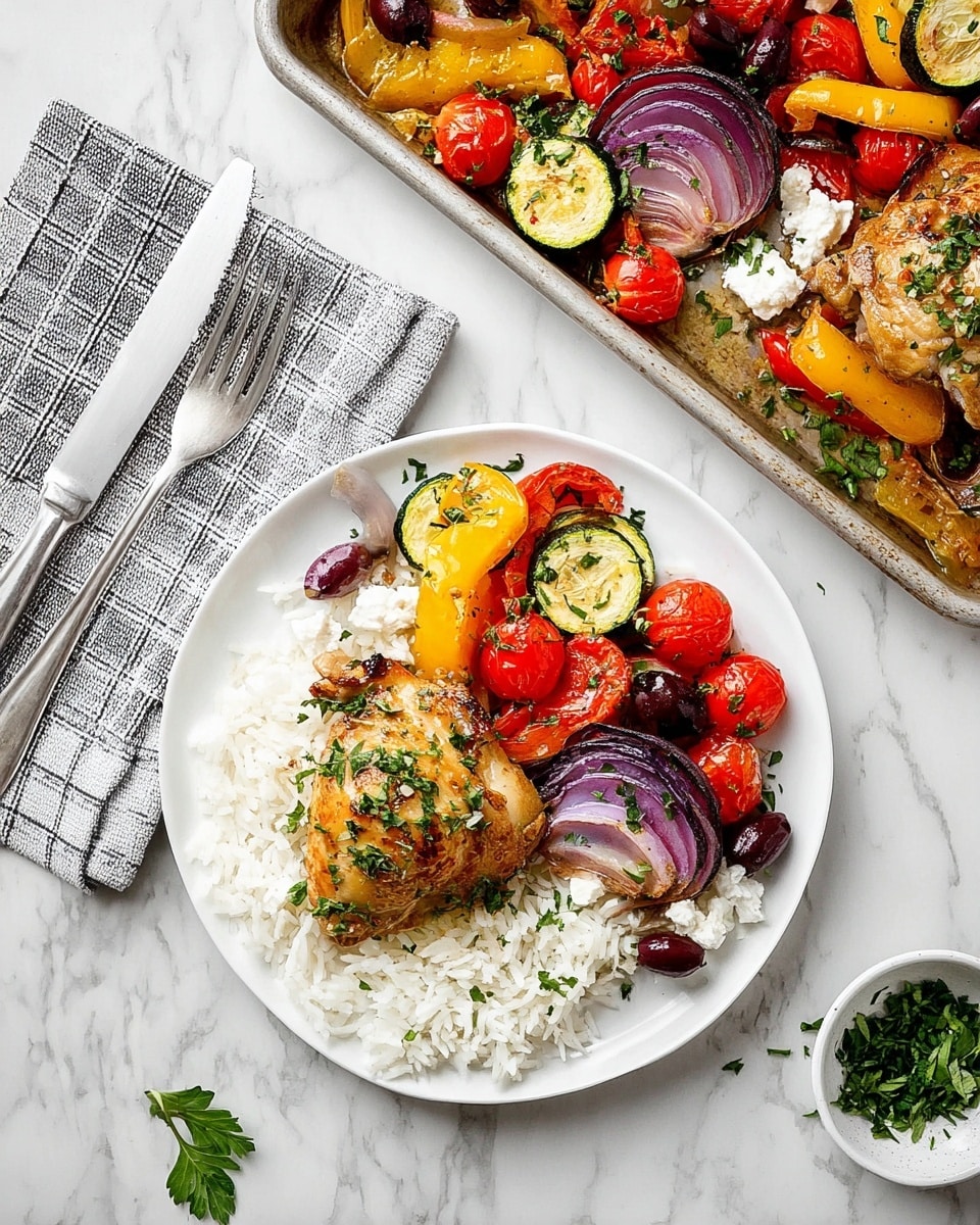 On a white plate, there is one layer of white rice on the right side, next to a second layer on the left with roasted yellow bell peppers, halved cherry tomatoes in red, slices of grilled zucchini in green, black olives, chunks of white feta cheese, and curved slices of purple-red onion. On top of these vegetables sits a golden-brown roasted chicken thigh sprinkled with chopped green herbs and more feta cheese crumbs. Fresh green parsley leaves decorate the plate. The plate is set on a white marbled surface, with a silver fork and knife to the left resting on a gray and white checkered napkin. Above the plate, there is a silver baking tray filled with the same vegetables and chicken, and a small white bowl with chopped green herbs on the right side. photo taken with an iphone --ar 4:5 --v 7