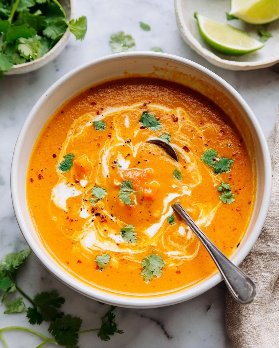 A white bowl filled with creamy orange soup that has a thick texture and small chunks of vegetables like carrots. The soup has swirls of white cream on top and is garnished with bright green cilantro leaves scattered over the surface. A spoon is resting inside the bowl, slightly dipped into the soup, catching some of the chunky vegetables. The bowl sits on a white marbled surface, with some fresh cilantro and a lime wedge in a small white dish nearby, adding a fresh and colorful touch. photo taken with an iphone --ar 4:5 --v 7