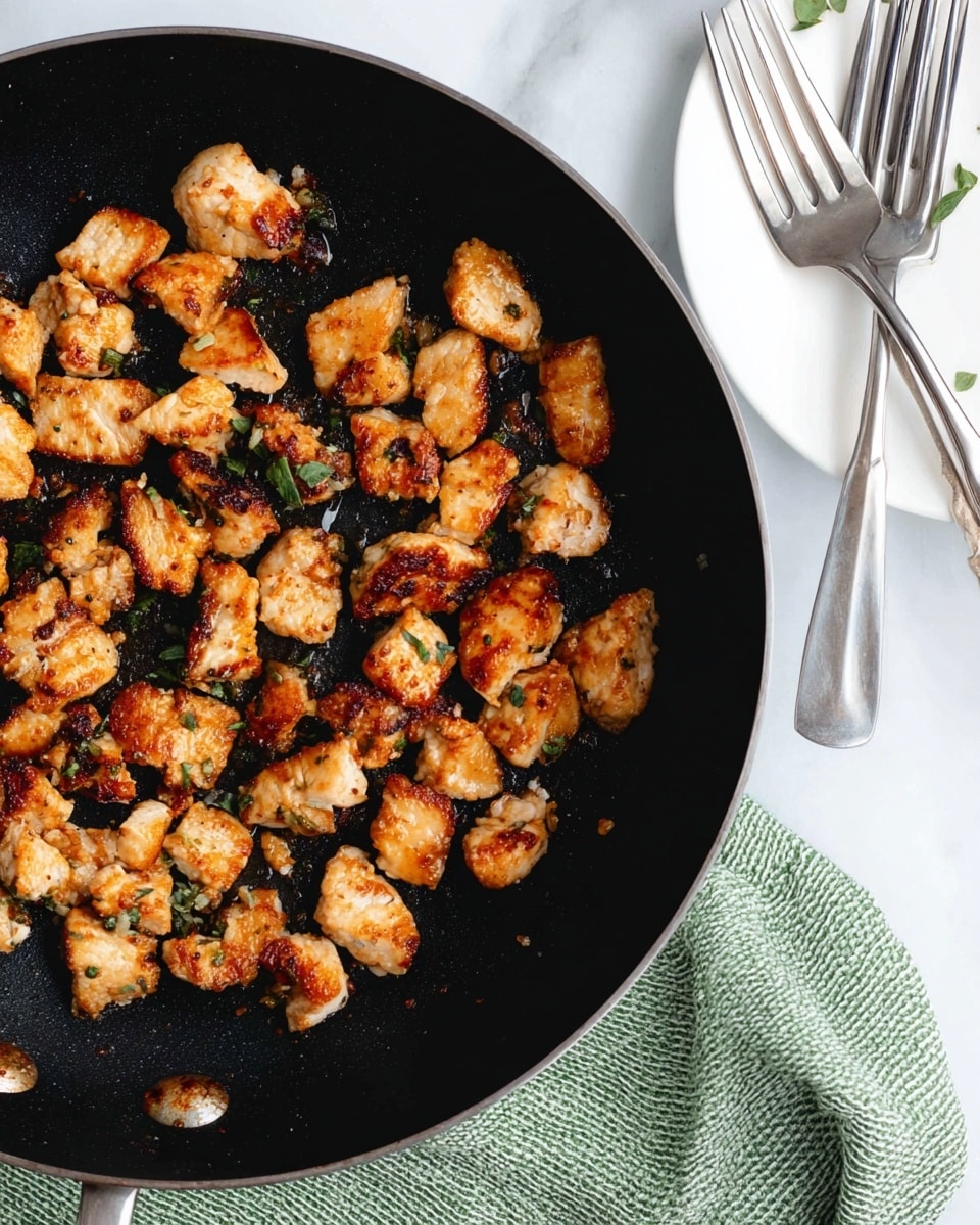 The image shows a black frying pan filled with small golden-brown cooked pieces of meat, slightly crispy on the edges and scattered with bits of herbs. The meat pieces are irregular shapes and sizes. The pan sits on a white marbled surface with a green and white textured cloth nearby. To the side, there is a white plate with four silver forks resting on it. Photo taken with an iphone --ar 4:5 --v 7