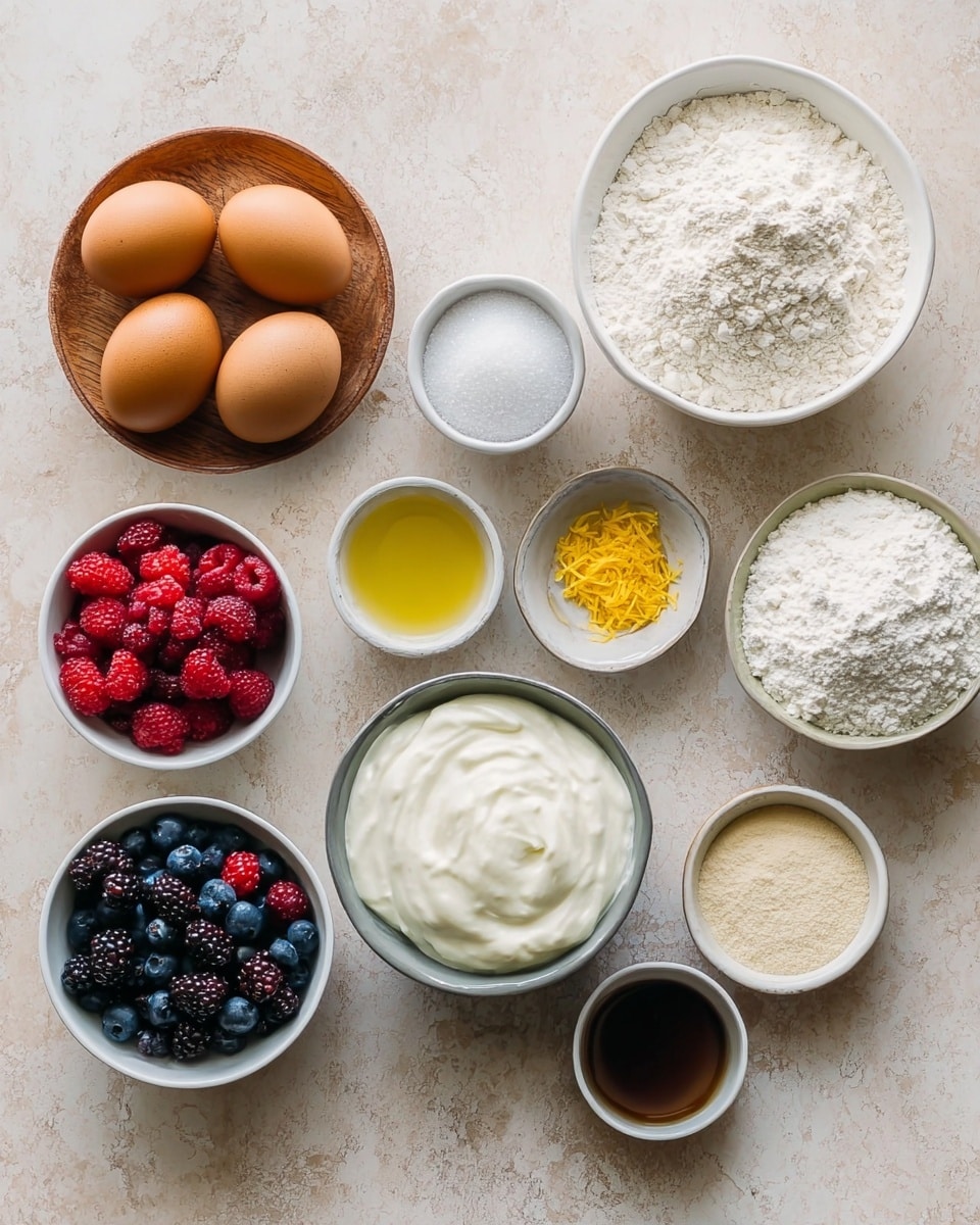 A flat lay of various baking ingredients arranged on a white marbled surface includes a white bowl filled with white flour in the top right, a white bowl with white sugar above the center, and a brown wooden plate holding three brown eggs on the mid left. A small white bowl holds a mix of bright red raspberries, dark blue blueberries, and black blackberries at the bottom left. There is a gray bowl filled with white powder near the bottom center and a white bowl with thick white cream or yogurt to the right. Between these are small white bowls containing yellow lemon zest, dark liquid (likely vanilla or syrup), and white and beige powders or granules. The composition is neat, with soft natural light highlighting the texture and color of each item. Photo taken with an iphone --ar 4:5 --v 7