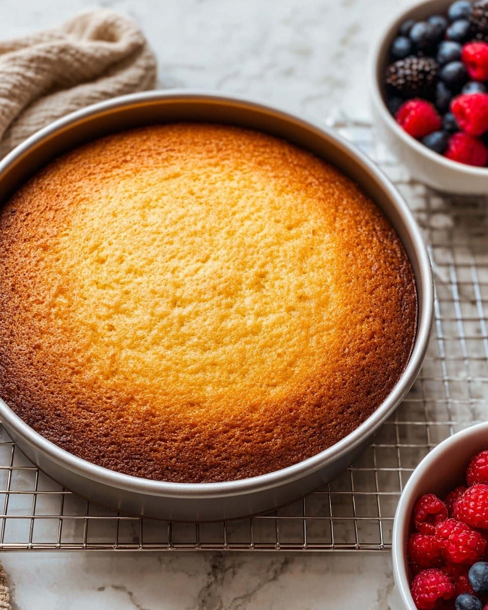 A round, golden brown cake sits in a silver baking pan, placed on a wire cooling rack on a white marbled surface. The cake has a slightly rough texture on top, with a warm, even color that fades into darker edges around the sides. To the right of the cake, there is a white bowl filled with fresh red raspberries and dark blueberries. The overall scene looks bright and cozy. photo taken with an iphone --ar 4:5 --v 7