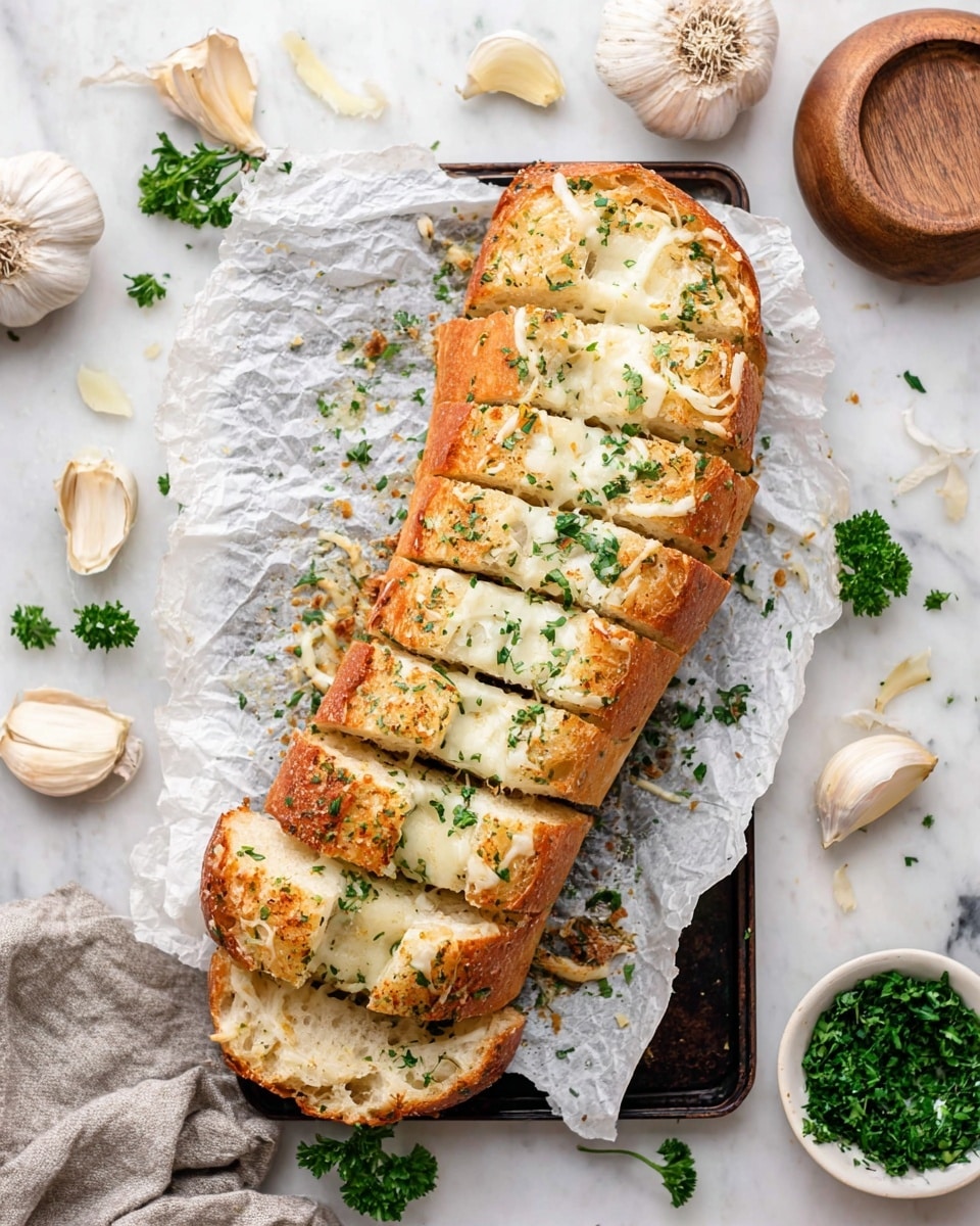 A long loaf of golden brown bread sliced into several pieces sits on a sheet of crinkled aluminum foil that is placed on a dark baking tray. Between each slice, there is a thick layer of melted white cheese, oozing slightly into the gaps. The bread crust is speckled with small bits of green herbs and coarse salt, giving it a textured look. The background is a white marbled surface with a soft rustic cloth peeking from the bottom left corner. Photo taken with an iphone --ar 4:5 --v 7