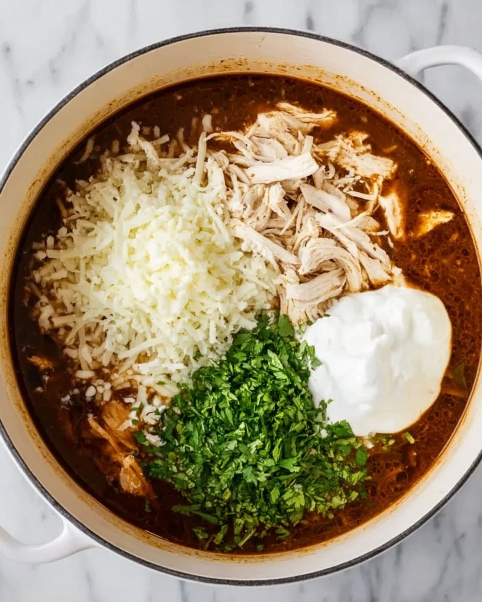 A white bowl filled with a dark brown soup as the base layer. On top, there are three main toppings: shredded white chicken pieces on the left, a pile of white shredded cheese in the center, and a bright green chopped herb pile on the right. Near the top right edge of the bowl, a large dollop of white sour cream sits, adding contrast to the darker soup. The bowl rests on a white marbled surface. photo taken with an iphone --ar 4:5 --v 7