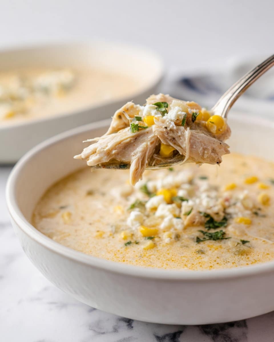A white bowl filled with creamy soup that has a light beige color with some orange tint. The soup contains chunks of shredded white chicken, bright yellow corn kernels, and small white cheese curds. Green herbs are sprinkled on top, adding small pops of color. A silver spoon lifting a spoonful of the soup shows the creamy texture with pieces of chicken, corn, and herbs clearly visible. The background is a white marbled texture, and a white bowl with more soup is slightly blurred in the back. Photo taken with an iphone --ar 4:5 --v 7