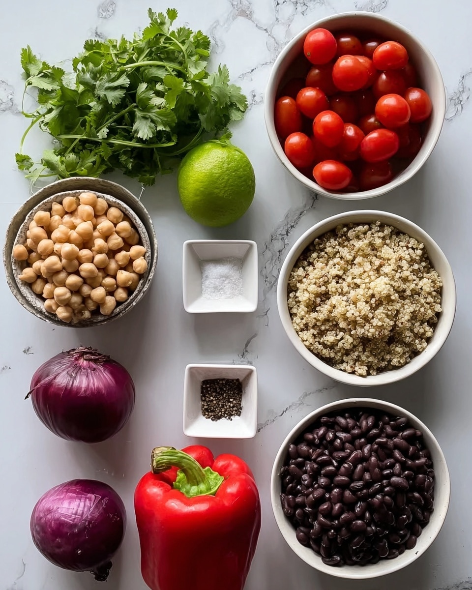 The image shows several ingredients placed on a white marbled surface. On the left, a bunch of fresh green cilantro lies flat. Moving clockwise, there is a white bowl filled with light brown quinoa, next to it a white bowl with bright red cherry tomatoes. Nearby, a whole green lime is placed next to a whole purple onion. Below, a white bowl holds small off-white chickpeas, and next to it a small square white dish contains some black pepper and white salt. Below these, a white bowl is filled with dark black beans. Near the center, a whole shiny red bell pepper is placed vertically. The scene is bright, clear, and color-rich. photo taken with an iphone --ar 4:5 --v 7