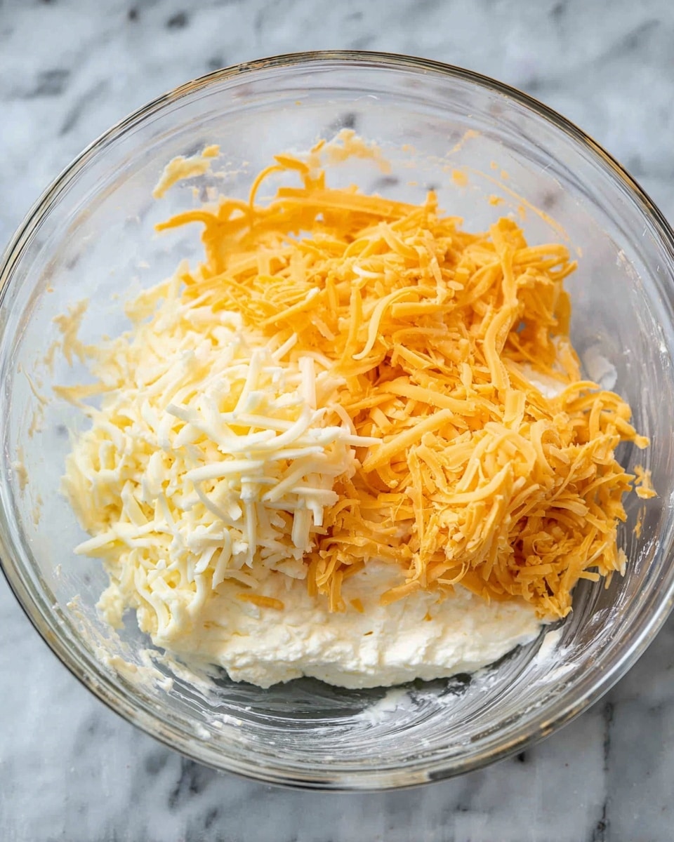 A clear glass bowl sits on a white marbled surface, filled with three main layers of ingredients ready to be mixed. At the bottom, a creamy white layer of thick cottage cheese is partially visible, topped by two distinct piles of shredded cheese: one orange cheddar cheese mound on the right side and a smaller heap of white mozzarella cheese toward the upper left. The shredded cheeses have soft, curly textures with small pieces scattered loosely around their piles. The bowl's inner walls have smears of the creamy cheese, showing some mixing activity. photo taken with an iphone --ar 4:5 --v 7