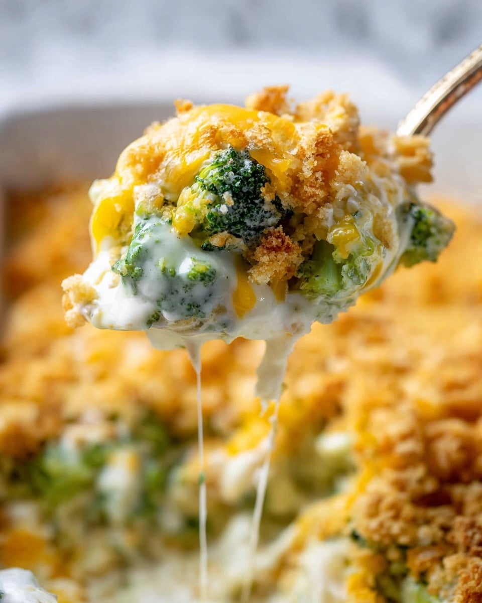 A close-up of a large spoonful of broccoli casserole being lifted, showing three main layers: the broccoli layer with bright green pieces placed in the middle, a creamy white sauce surrounding the broccoli, and a crumbly golden brown topping with patches of melted yellow cheese on top. The casserole appears soft and creamy with melted cheese stretching under the spoon. The background shows more of the same casserole in a white dish, all set on a white marbled surface. Photo taken with an iphone --ar 4:5 --v 7