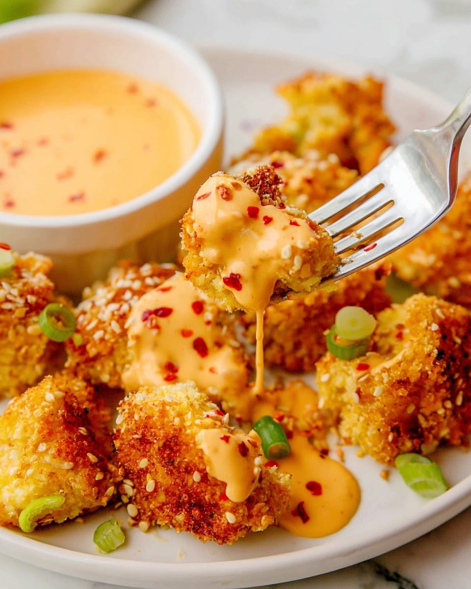 A close-up view of crispy golden bites covered in a creamy light orange sauce with red pepper flakes and sesame seeds sprinkled on top, placed on a white plate. The bites have a rough, crunchy texture and are scattered with small pieces of green onion. A fork holding one bite with the sauce dripping off is lifted above the plate. In the background, there's a small white bowl filled with more of the creamy orange sauce, set on a white marbled surface. Photo taken with an iphone --ar 4:5 --v 7