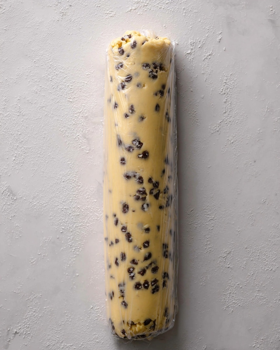 A long, cylindrical roll of light yellow cookie dough filled with small, dark chocolate pieces evenly spread throughout, wrapped tightly in clear plastic wrap, placed on a white marbled surface with a textured light gray background behind it, showing the smooth dough surface mixed with spots of chocolate chips inside photo taken with an iphone --ar 4:5 --v 7