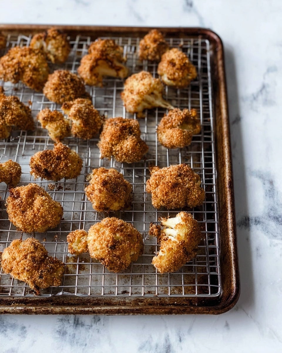The image shows about twenty pieces of golden brown, crispy cauliflower florets arranged evenly on a wire rack placed over a baking tray. The cauliflower pieces have a crunchy crumb coating with some darker browned spots, giving them a textured and crunchy look. The baking tray has a dark, slightly worn surface, contrasting with the light cauliflower. The background is a white marbled texture, bright and clean, highlighting the cauliflower and tray. photo taken with an iphone --ar 4:5 --v 7