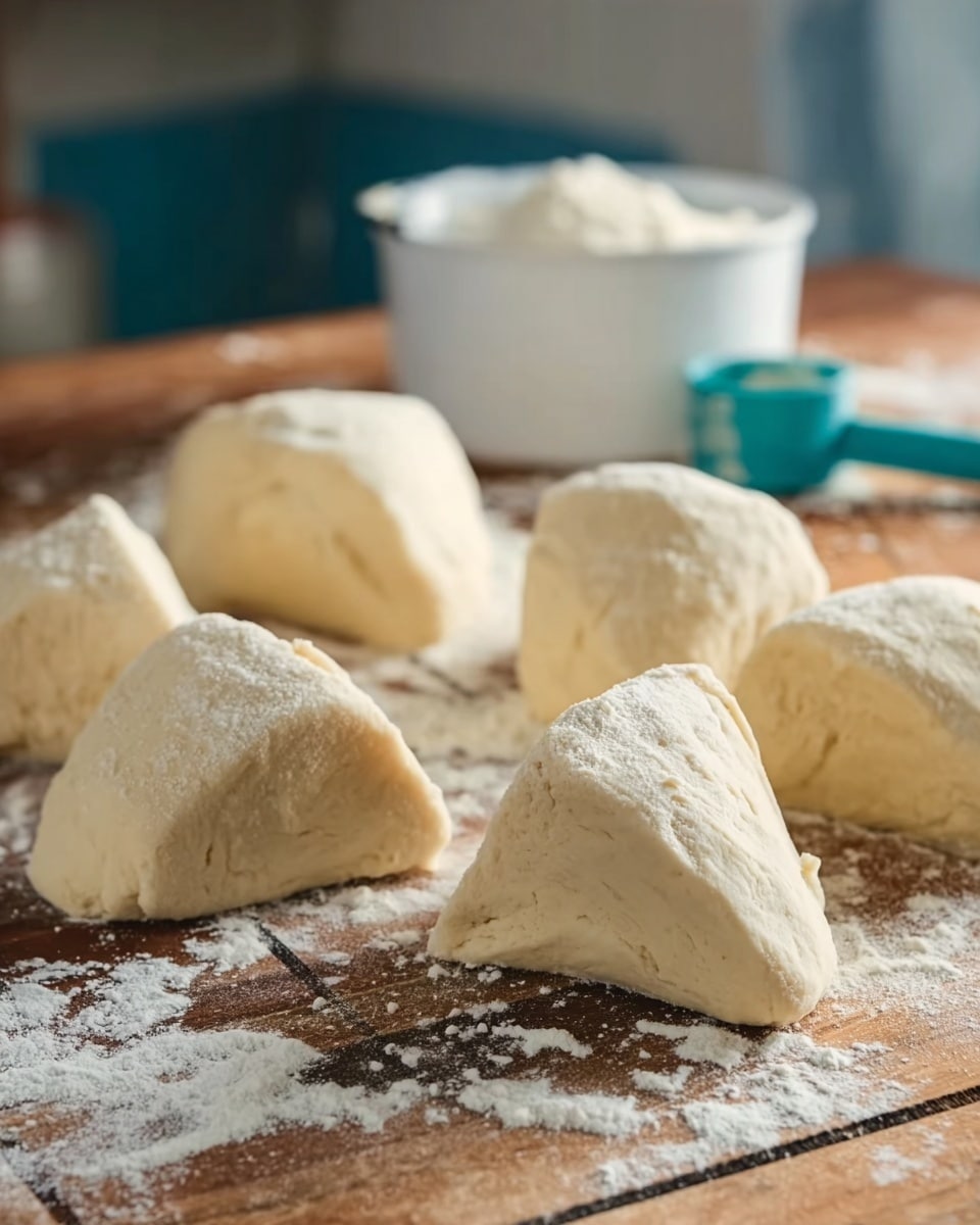 Several pieces of dough are placed on a wooden surface dusted with white flour. Each dough piece is roughly triangular or wedge-shaped with a soft, smooth texture and a pale beige color. In the blurred background, a white container with a teal measuring cup on top is visible, also holding white flour. The overall setting has a warm, homey feel with natural light highlighting the dough shapes. photo taken with an iphone --ar 4:5 --v 7