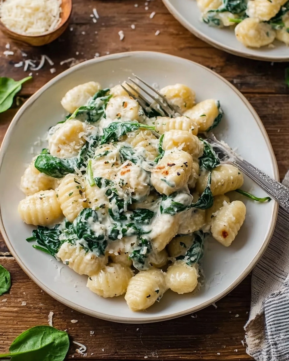 A white plate filled with plump, ridged gnocchi pieces covered in creamy white sauce, mixed with bright green spinach leaves and small bits of grated cheese scattered on top, some red chili flakes sprinkled for color contrast. The dish has a soft, smooth texture with the spinach adding a slight roughness and the sauce thickly coating the gnocchi. The whole plate sits on a white marbled surface with a blurred silver fork and a few green spinach leaves in the background. Photo taken with an iphone --ar 4:5 --v 7