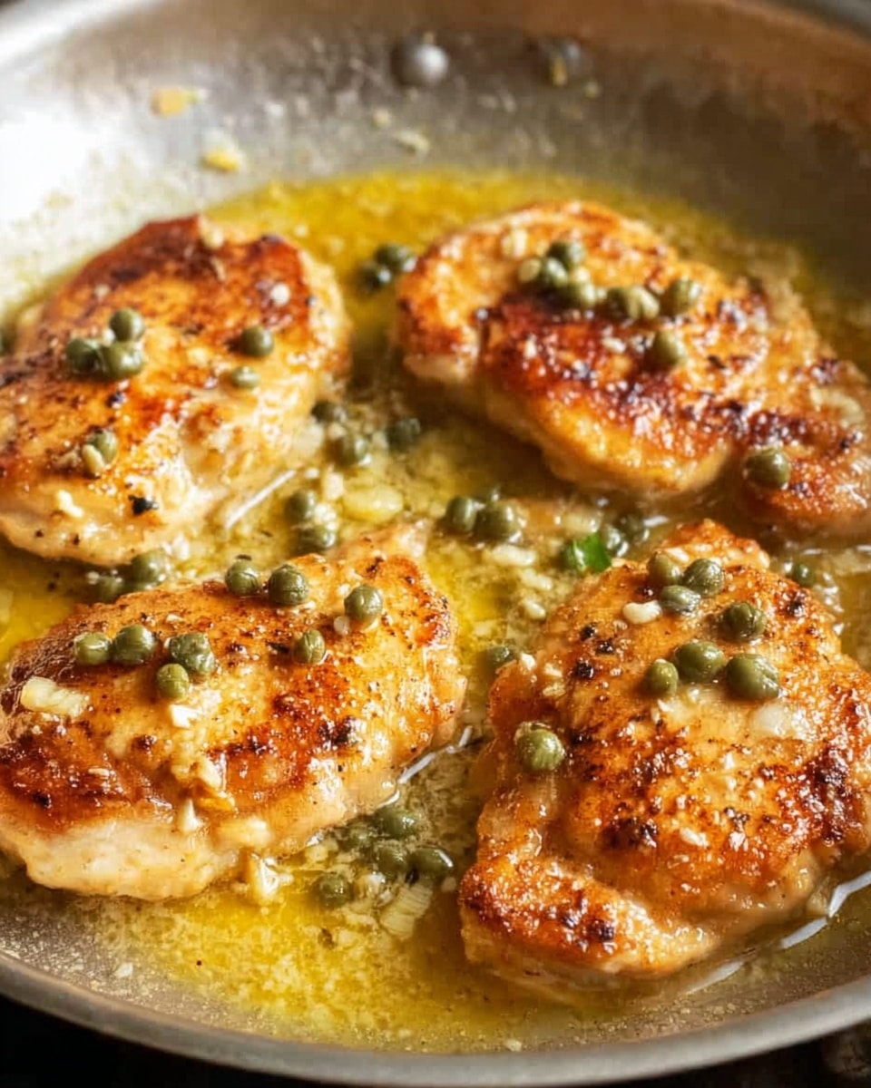 The image shows a close-up of four golden-brown cooked pieces of chicken with a crispy texture, sitting in a shallow layer of buttery sauce in a pan. The chicken pieces are garnished with small green capers and bits of minced garlic scattered evenly on top and around them. The sauce appears slightly oily with a light yellow color, and the pan surface is metallic with a soft reflection. The scene is simple with no other objects visible, and the lighting highlights the shiny sauce and the crispy texture of the chicken photo taken with an iphone --ar 4:5 --v 7